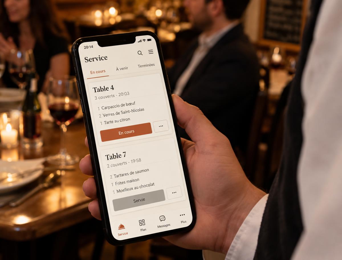 Serveur consultant les demandes des tables sur son téléphone